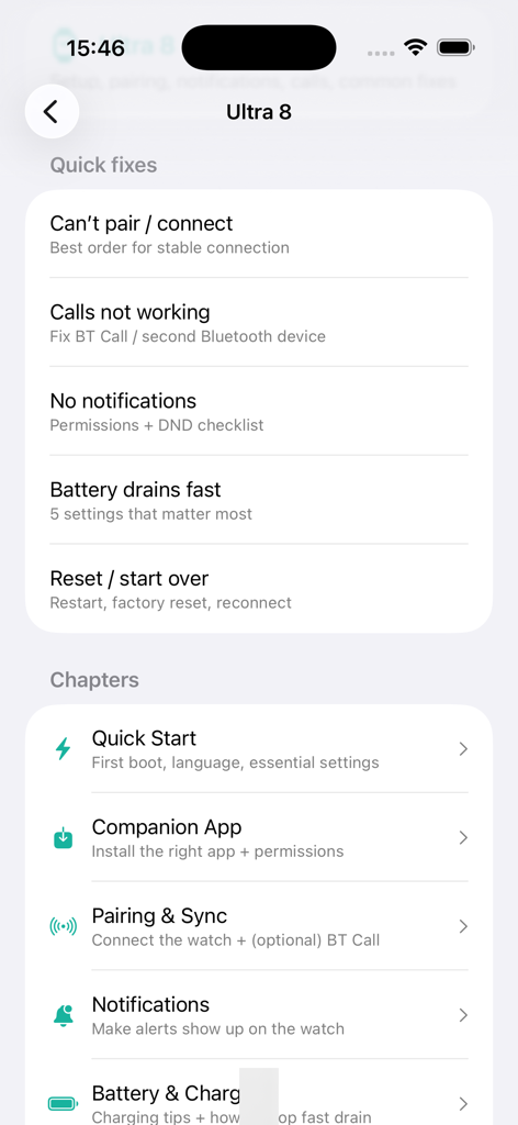 8 Ultra T800 T900 Watch Guide - Menu de solução de problemas do aplicativo de guia do relógio Ultra 8 mostrando correções rápidas para emparelhamento e notificações.