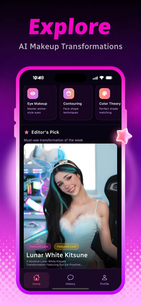 Slink - Chat, Enjoy - Mobile app screen showing AI cosplay makeup categories and featured kitsune transformation