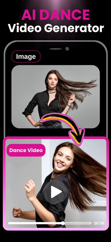 AI Kiss Hug Video Maker Clone - Foto de uma mulher sendo transformada em um vídeo de dança animado por IA no aplicativo