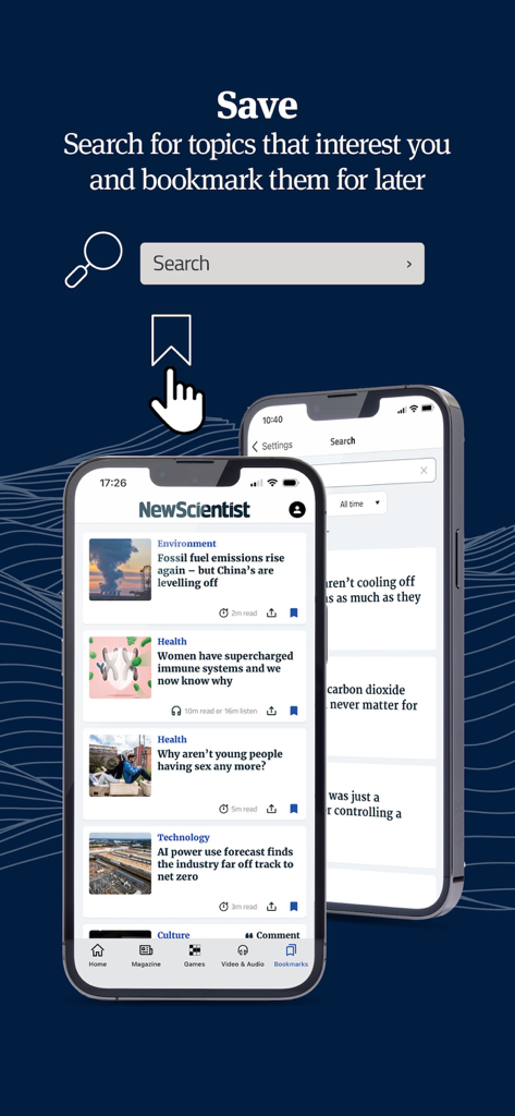 New Scientist - New Scientist app interface showing article search and bookmarking features