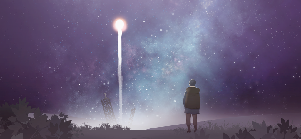 A character watching a rocket launch into a beautiful starry purple sky