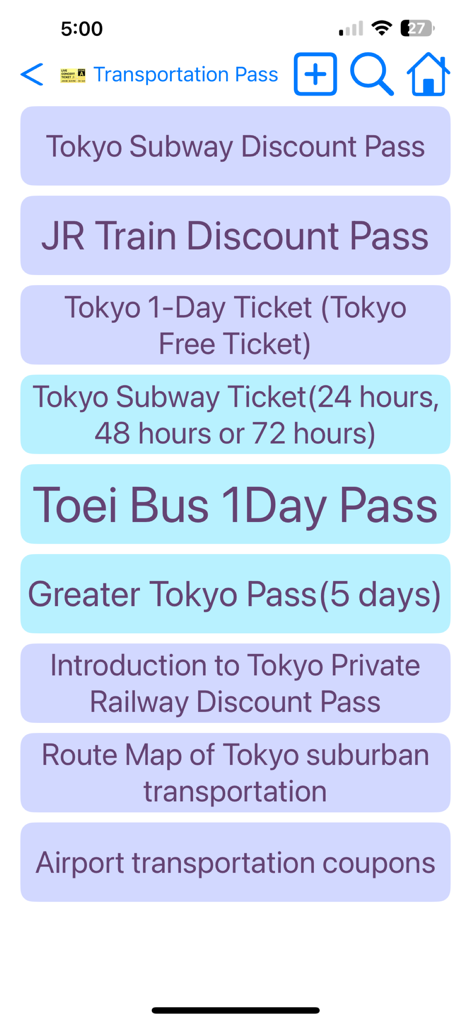 Tokyo Transport - Liste der Tokio-Transport- und Rabattpässe in der Tokyo Transport App.