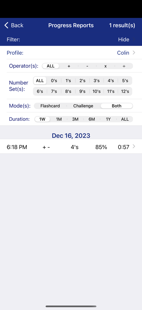 Math Fact Master progress reports screen showing student results and data filters for parents and teachers