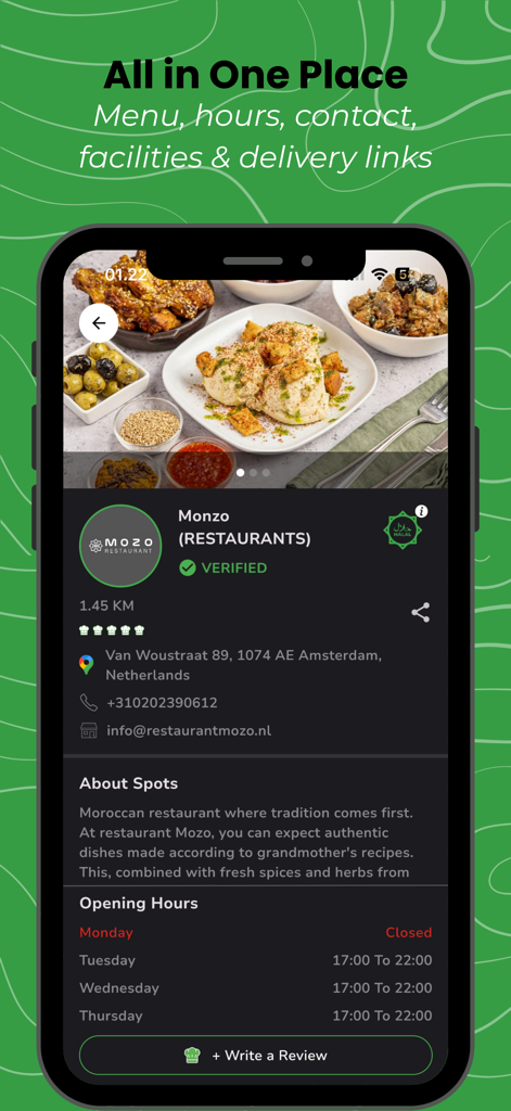 HalalGuide - HalalGuide app interface showing detailed information for a verified Moroccan restaurant including opening hours and contact info