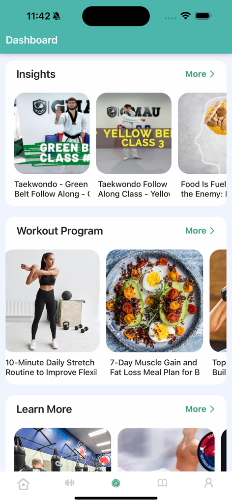 Learn Taekwondo & Workout Pro - Painel do aplicativo Aprenda Taekwondo e Workout Pro mostrando aulas de artes marciais, rotinas de alongamento e planos de refeição.