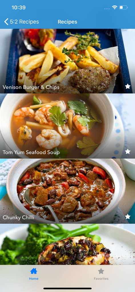 5:2 Fasting Diet Recipes - 鹿肉のバーガーやトムヤムシーフードスープなど、健康的なレシピのリストが表示されたアプリのインターフェース。