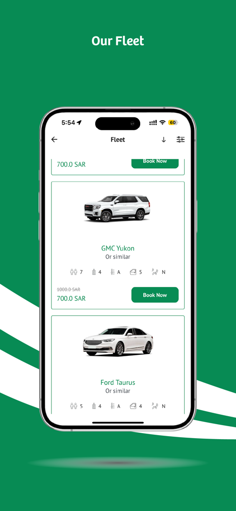 Ajar | Enterprise - Ajar Enterprise mobile app screen showing a fleet of rental vehicles including a GMC Yukon and Ford Taurus with pricing and booking options
