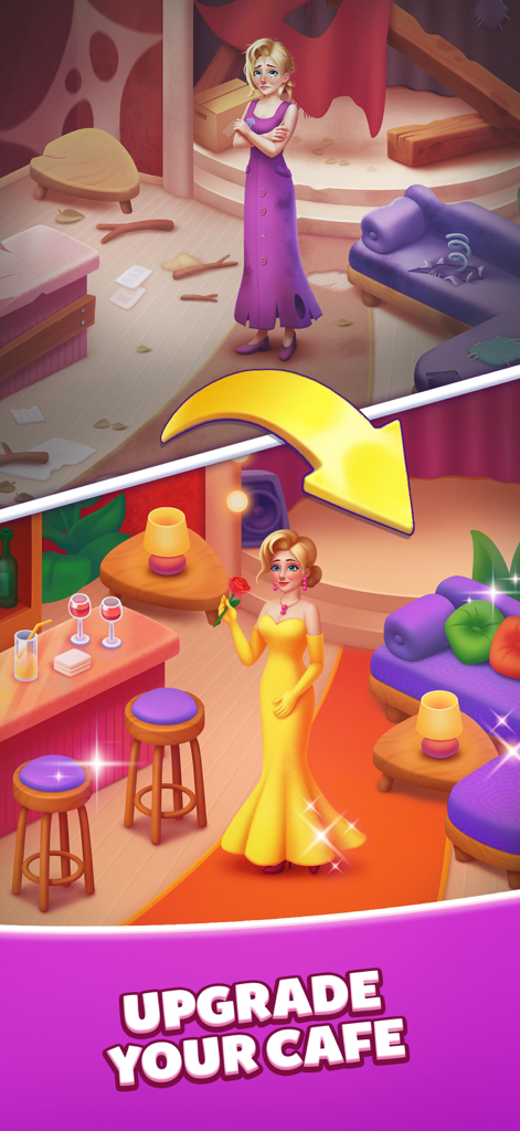 Tiles of Hope - Matching Games - Before and after comparison of a character upgrading a messy room into a beautiful cafe in Tiles of Hope