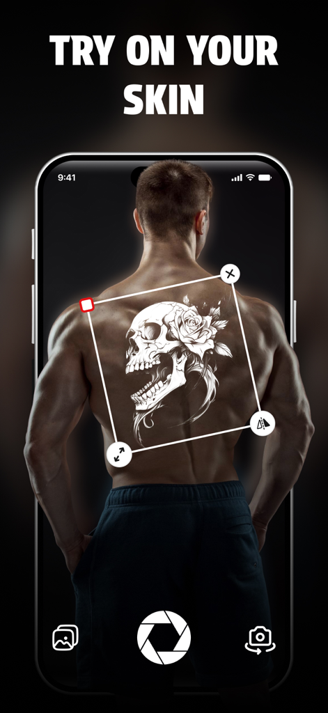 Tattoo Design : Tattoo AI - Una interfaz de aplicación móvil que muestra un diseño de tatuaje de calavera y rosas que se está probando virtualmente en la espalda de un hombre.