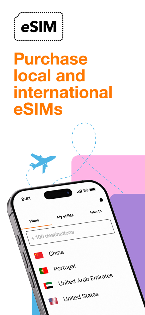 Hello eSIM – Orange Luxembourg - An iPhone displaying the Hello eSIM app interface with options to purchase local and international data plans for countries like China, Portugal, and the United States.