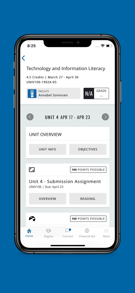 Interface do aplicativo AIU Student Mobile mostrando informações do curso e trabalhos da unidade para Tecnologia e Alfabetização em Informação.
