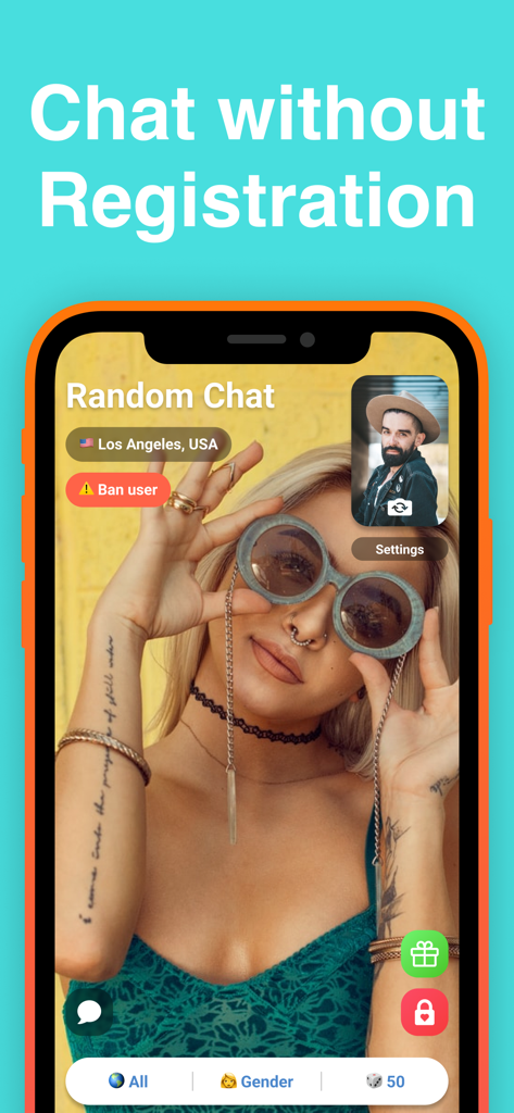 Pantalla de video chat en vivo mostrando a una mujer en Los Ángeles y el texto Chatear sin Registro.