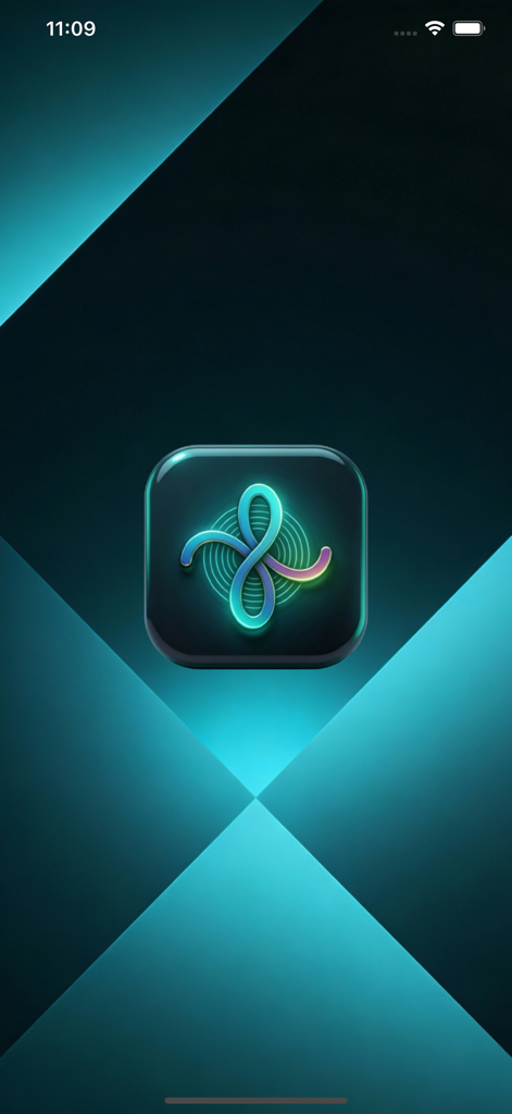 SnapTube - Video & Music - SnapTube music player splash screen with a glowing neon infinity logo on a dark teal geometric background