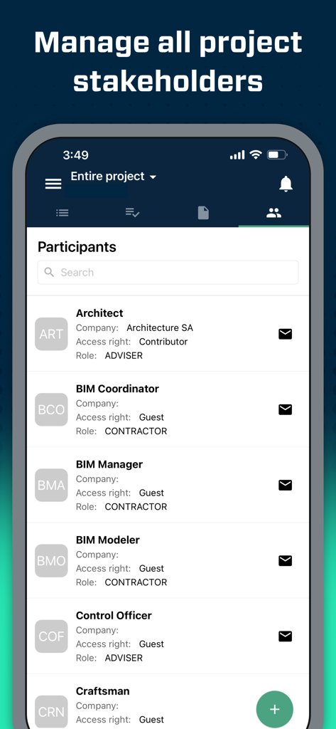 Eine mobile Oberfläche aus der Aproplan App zeigt eine Liste von Projektbeteiligten, einschließlich Architekten und BIM-Managern, mit ihren spezifischen Rollen und Zugriffsrechten.