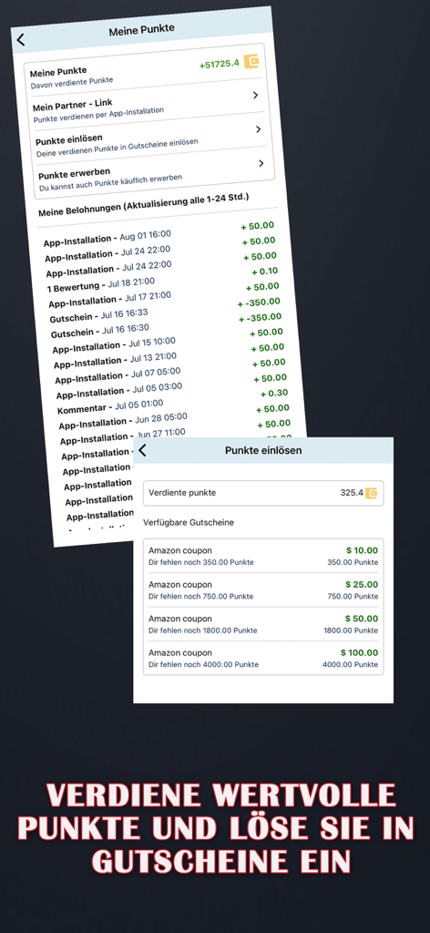 Interfaz de la aplicación Heimlich que muestra el saldo de puntos y las opciones de canje de vales de Amazon