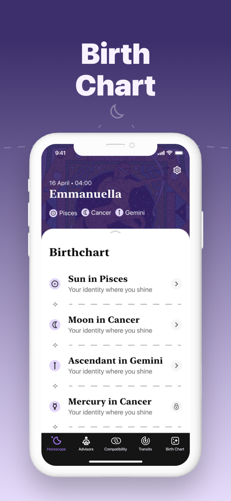 Serene: Talk to Astrologer - A personalized natal birth chart analysis on the Serene astrology app interface.
