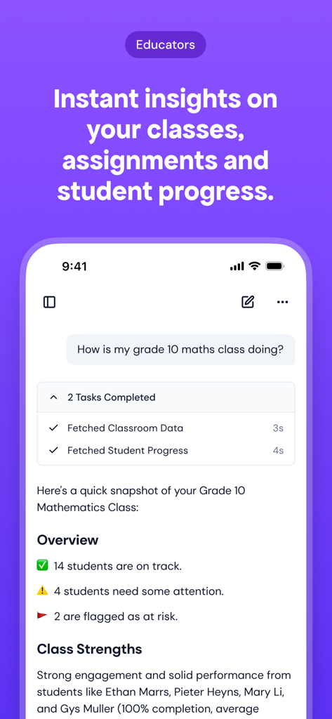 Mindjoy Learning - Mindjoy Learning app interface for educators showing real-time student progress and class performance insights.