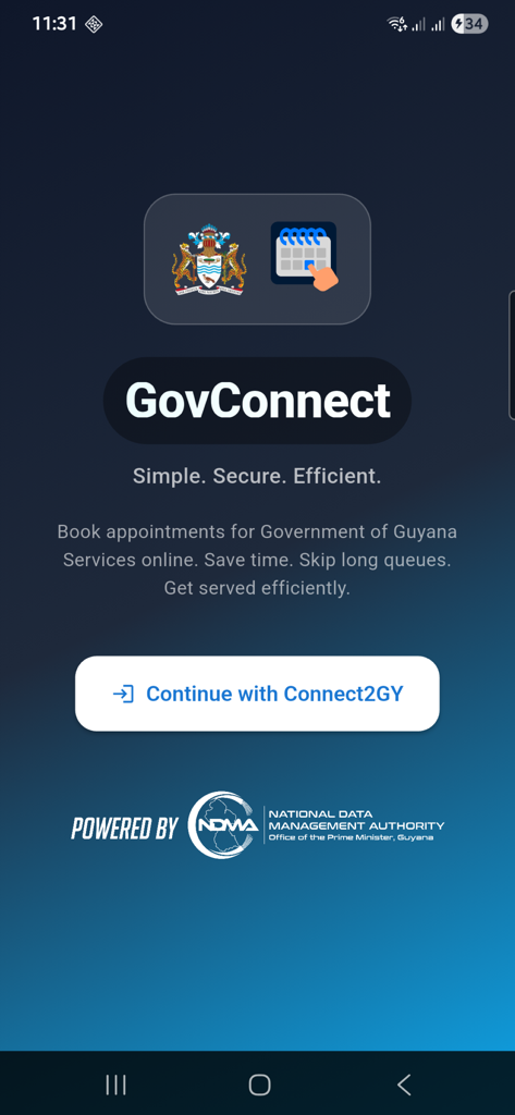 Pantalla de bienvenida de la aplicación móvil GovConnect GY para citas de servicios gubernamentales de Guyana