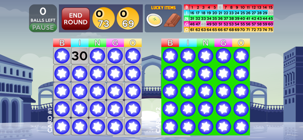 Bingo Deluxe - Gameplay screenshot of Bingo Deluxe showing two bingo cards with blue star markers and a Venice city background.
