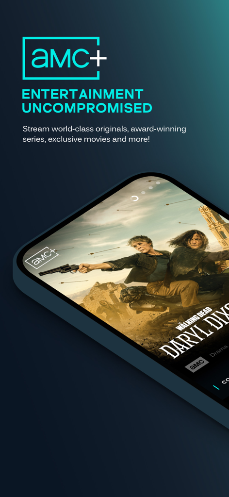 Écran promotionnel de l'application de streaming AMC plus présentant Daryl Dixon de The Walking Dead sur un écran de smartphone.
