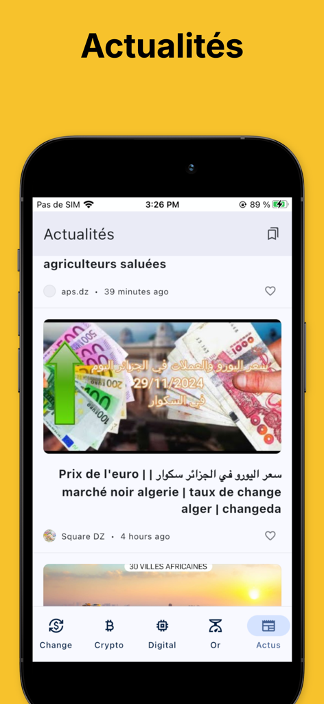 News feed section in Square Algeria Exchange Rates app showing daily currency market updates and black market rates.