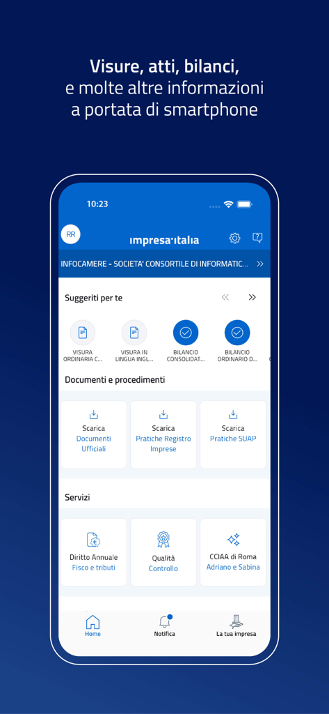 The home screen of the Impresa Italia mobile app showing options to access official business documents and company records.
