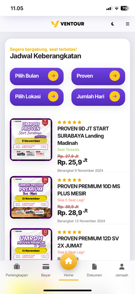 Ventour Mobile - Interface of Ventour Mobile app displaying a list of Umrah travel packages with departure schedules and pricing