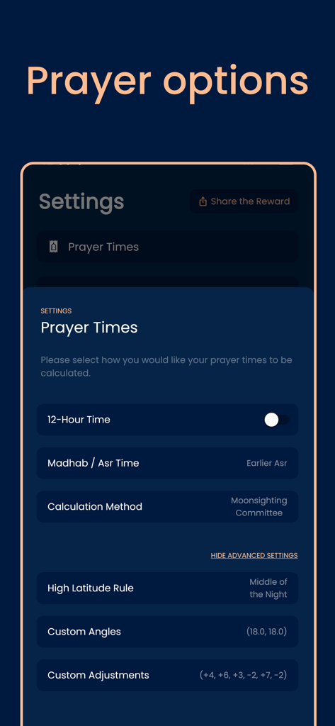 Pillars: Prayer Times & Qibla - Pillars app interface showing prayer time settings and calculation options