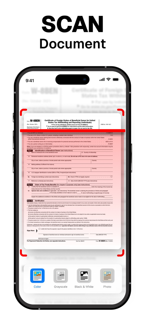 PDF Scanner ~ Scan Document - iPhone screen showing the PDF Scanner app scanning a tax document with automatic border detection and color filters