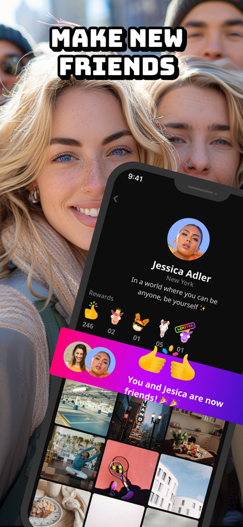 A screenshot of the Superfy app showing a user profile and a notification stating that two users are now friends under the headline Make New Friends.