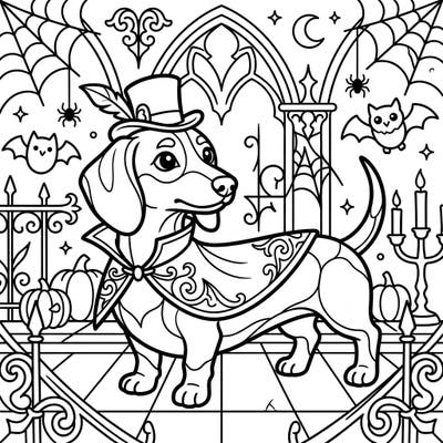 Dive into a wonderfully whimsical world with this Gothic Dachshund coloring page, specially designed for kids! Your little artist will love bringing this charming, caped canine and its spooky-fun surroundings to life.