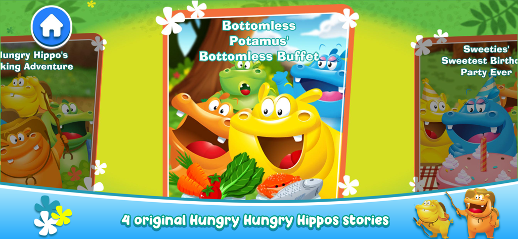 A selection screen displaying four original Hungry Hungry Hippos stories