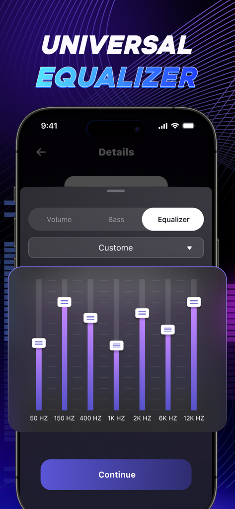 Interface do iPhone mostrando um equalizador universal com controles deslizantes de frequência para sintonia de áudio personalizada.