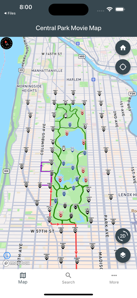 Central Park Movie Map - A GPS map of Central Park in New York showing movie filming locations and subway stops.