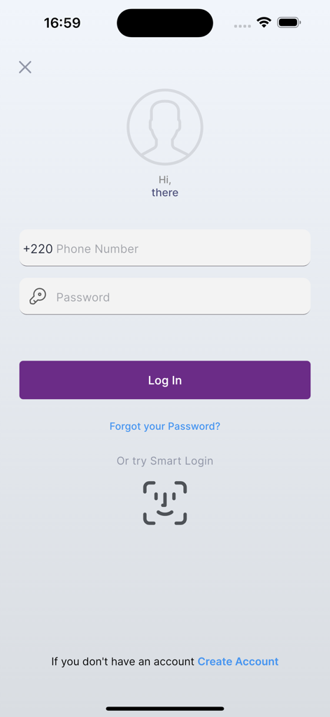 Yonna Wallet - Login screen of the Yonna Wallet app featuring a phone number field password entry and biometric smart login option