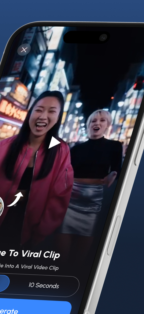 A mobile screen showing the BeGen AI app interface transforming a selfie into a viral video clip featuring two women in a city setting at night.