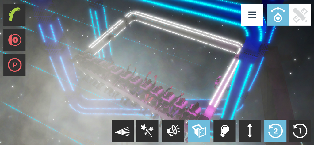 Top down view of a thrill ride at night with neon lights and fog in Funfair Ride Simulator 4