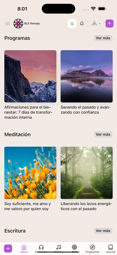 BLS therapy - BLS Therapy mobile app dashboard displaying meditation and wellness programs in Spanish