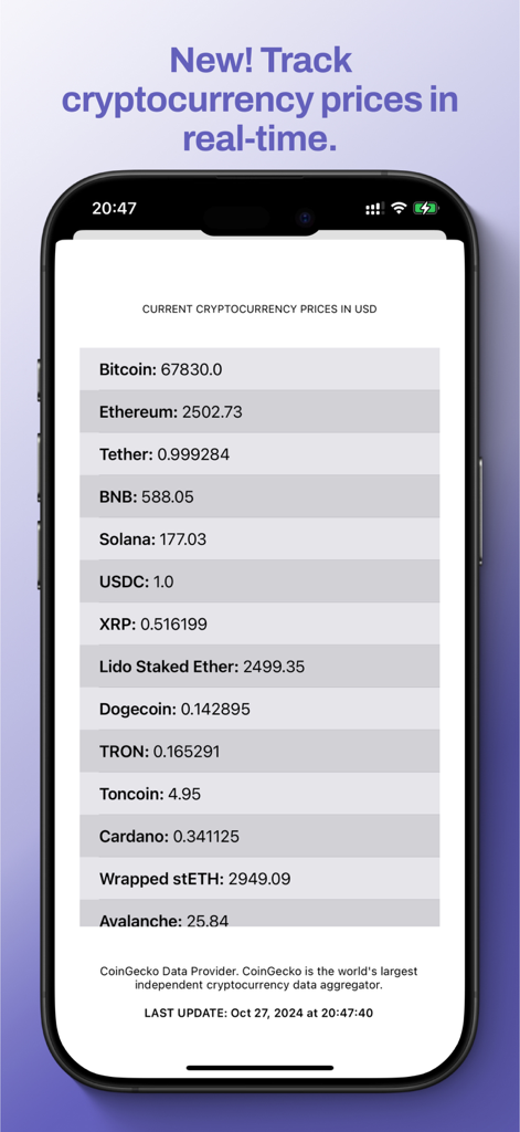 Screenshot of the i know percent app showing a list of current cryptocurrency prices in USD.