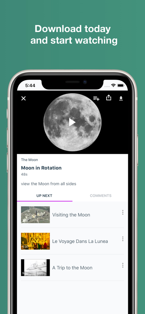 MoonFlix - MoonFlix app interface on a smartphone screen showing a video player with a rotating moon and a playlist of space documentaries