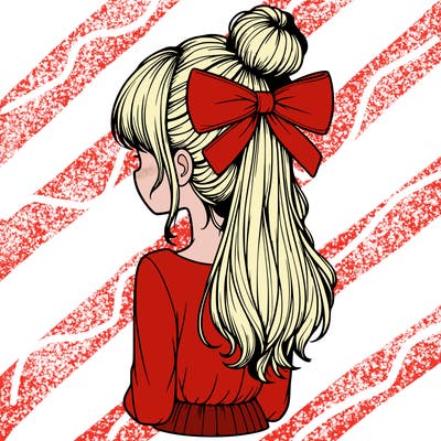 realistic girl  with hip length hair a bun and a big bow on the back of head