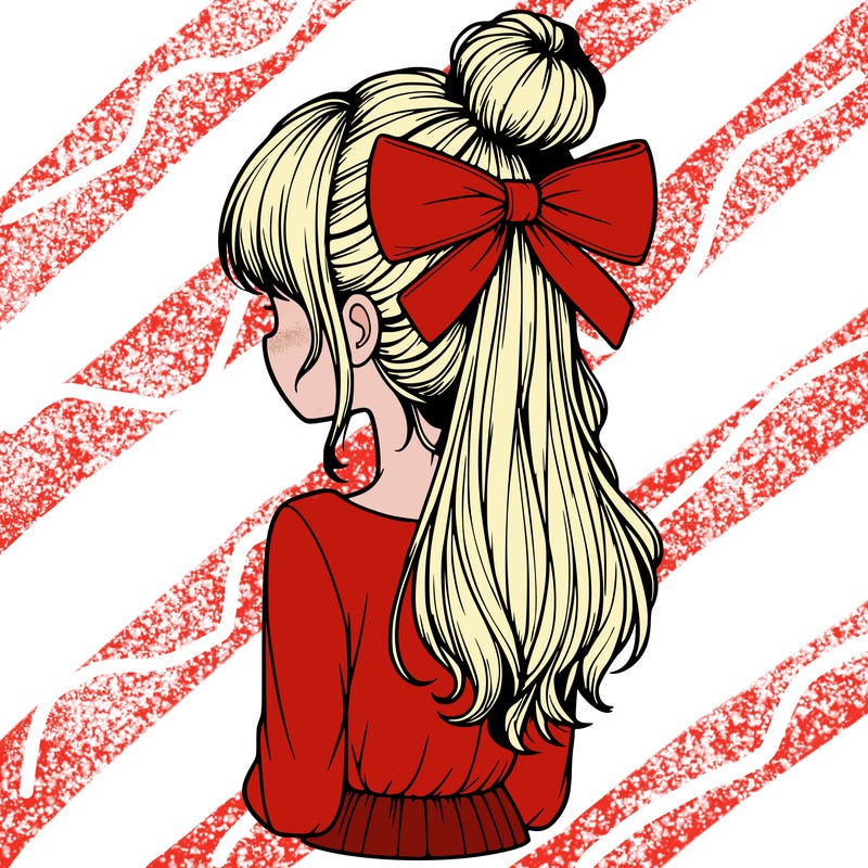 realistic girl  with hip length hair a bun and a big bow on the back of head