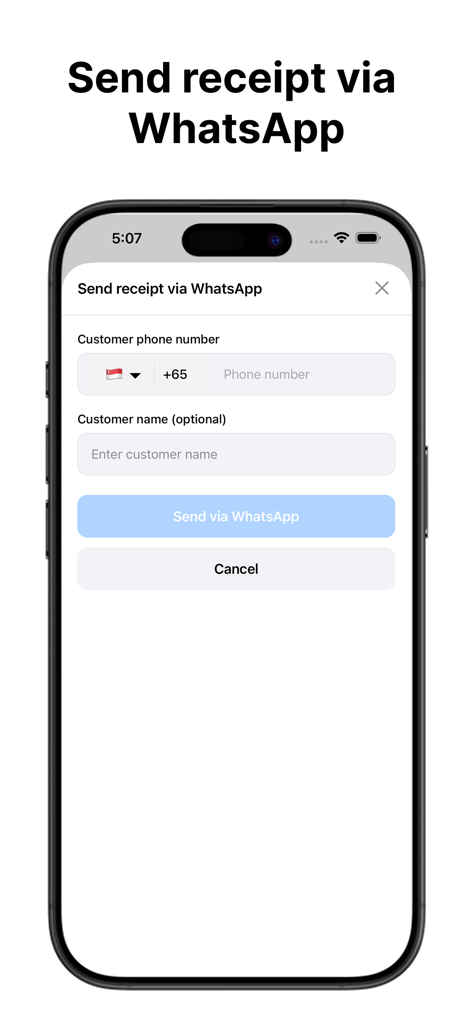 Mobile screen showing the feature to send receipts via WhatsApp in the Take App