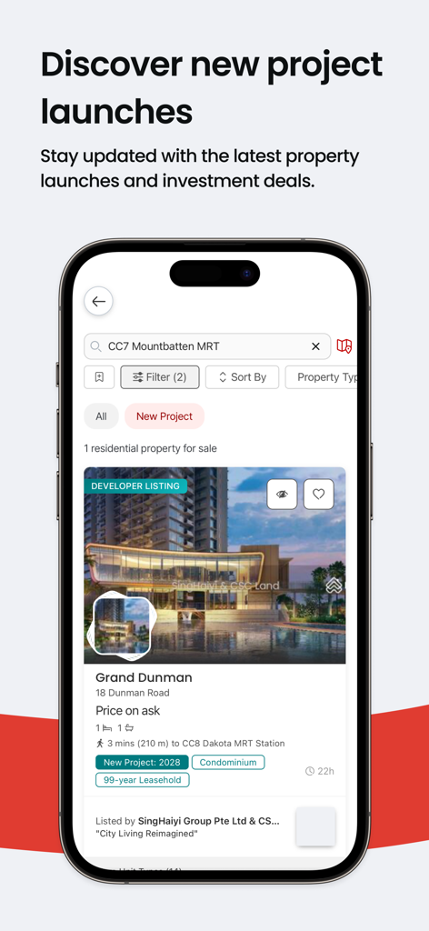 PropertyGuru Singapore - PropertyGuru Singapore mobile app displaying new property launches and investment deals with search filters