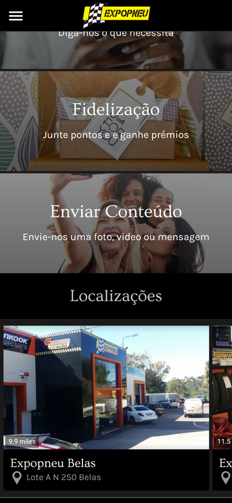 Expopneu - Expopneu app interface showing loyalty program rewards, content sharing options, and physical store locations.