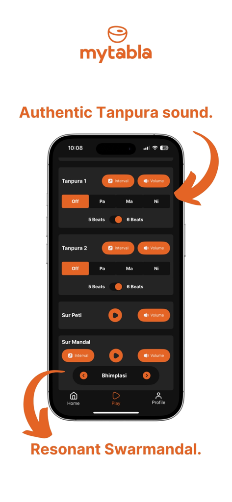 MyTabla app interface featuring authentic Tanpura and Swarmandal sound controls.