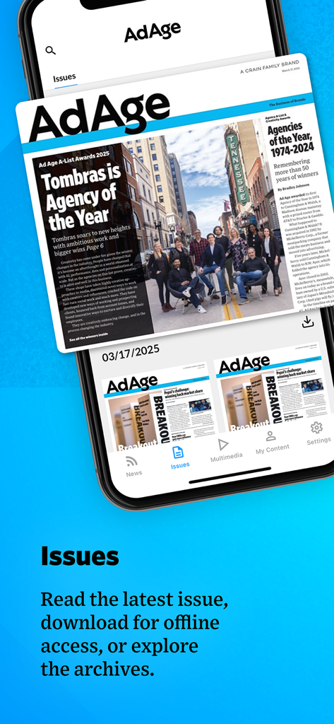 Ad Age - The Issues screen of the Ad Age app displaying digital magazine editions and archive options