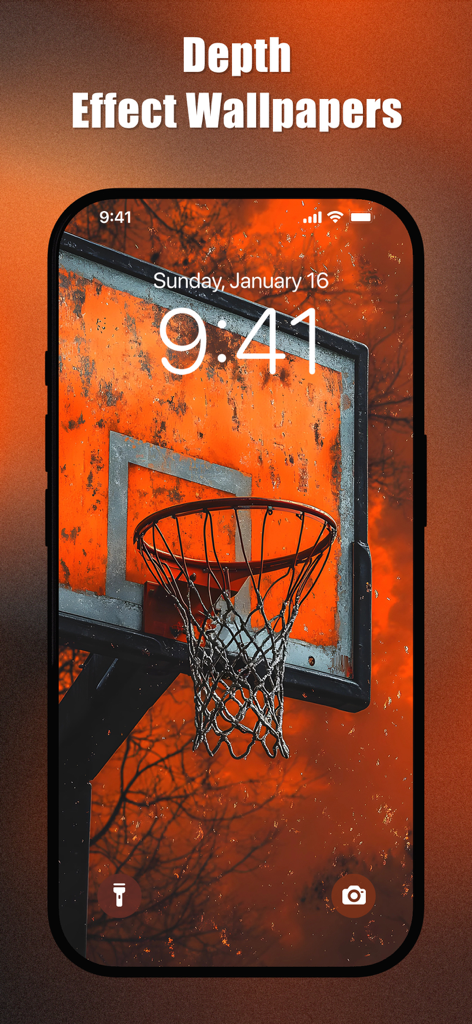 Basketball Wallpapers 4K | HD - 뎁스 효과 배경화면이 있는 거친 주황색 농구 골대를 특징으로 하는 아이폰 잠금 화면.