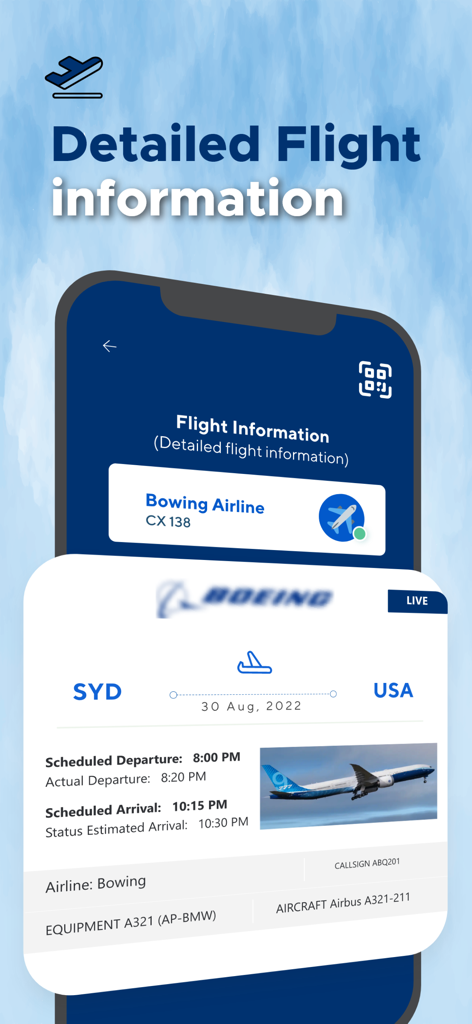 Flight Tracker® Live Plane Map - Una pantalla de aplicación móvil que muestra información detallada del estado del vuelo, incluyendo horarios programados y detalles de la aeronave.
