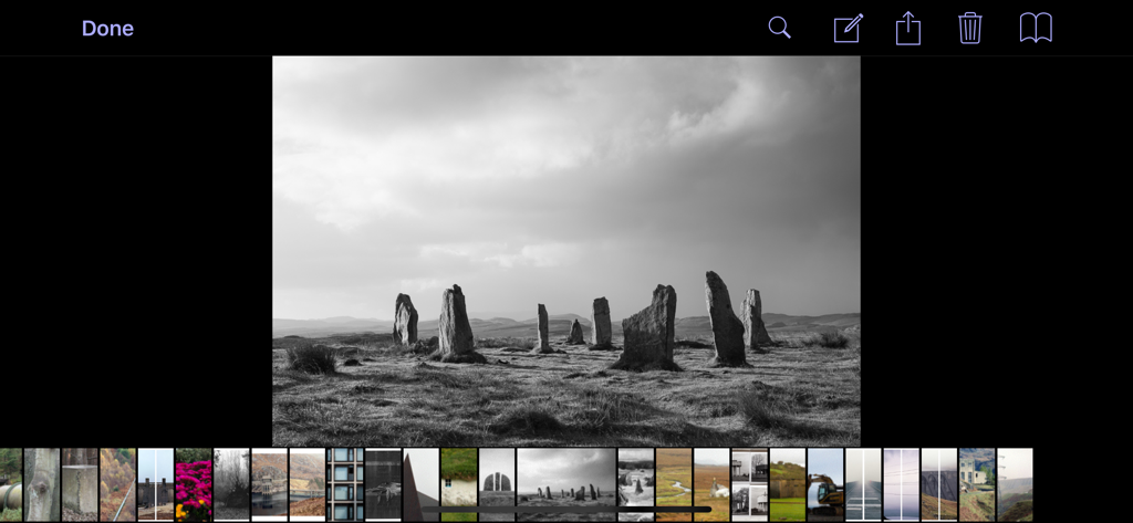 Viewfinder Preview - Viewfinder Preview app gallery view showing a black and white landscape photo